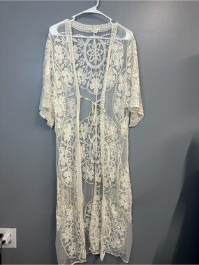 Solitaire swim Lace Crochet Open-Front Kimono Robe - Cream